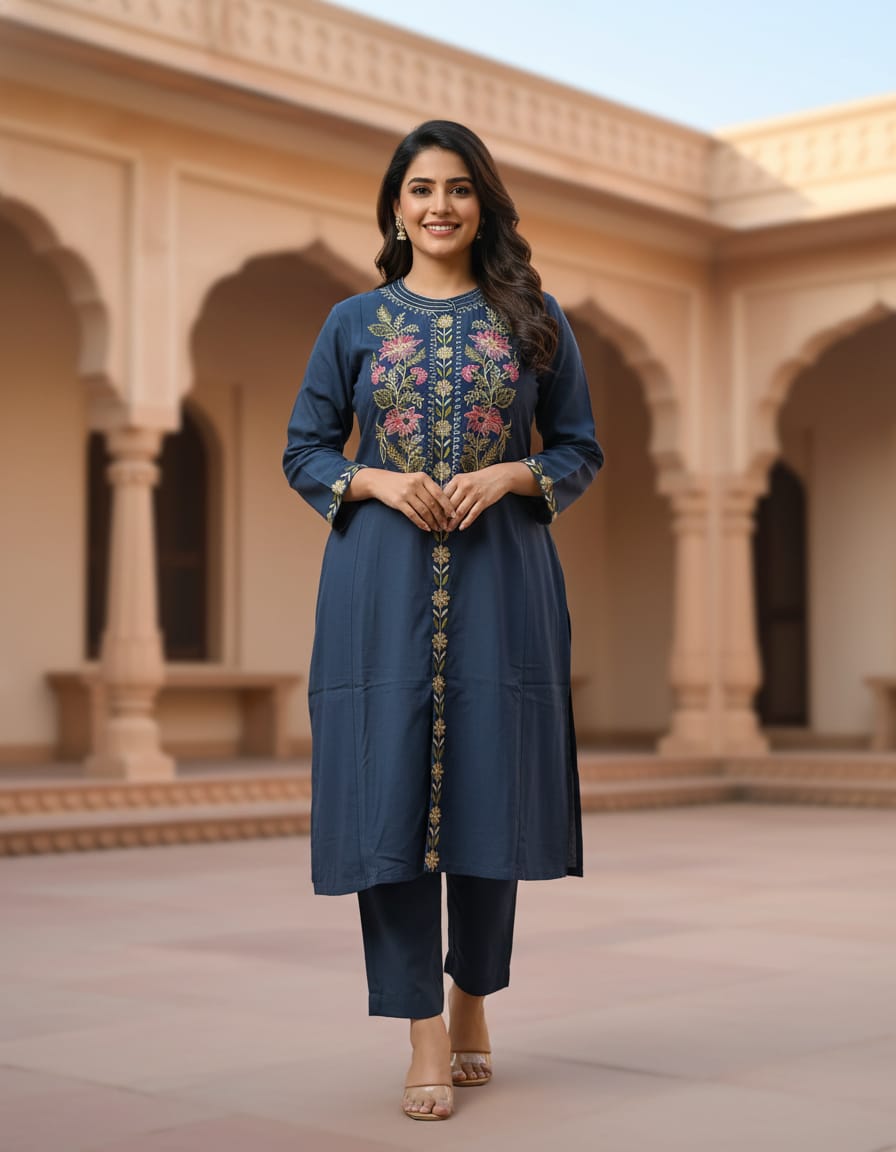 Embroidered Navy Blue Co-ord Set